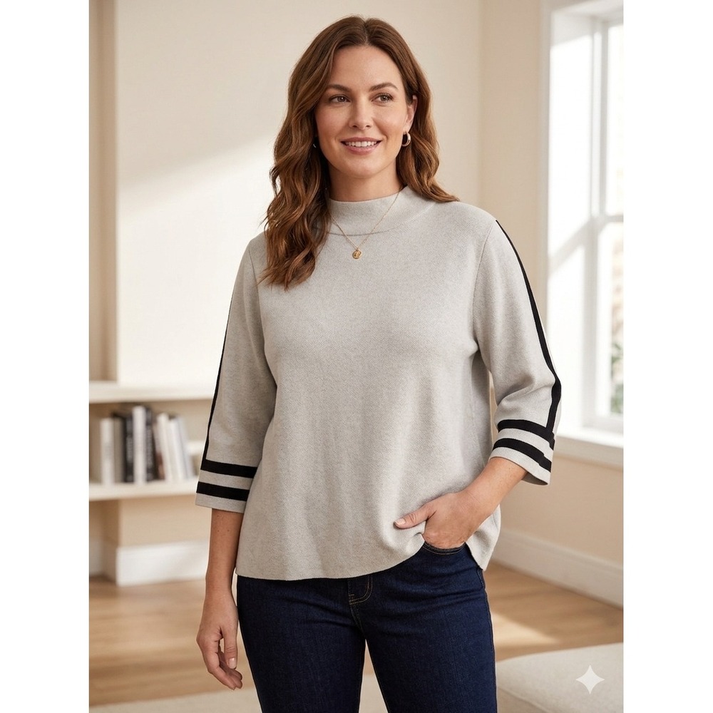 Fate Mock‎ Neck Sweater Oatmeal Beige Black Stripe 3/4 Sleeve Knit Top Medium